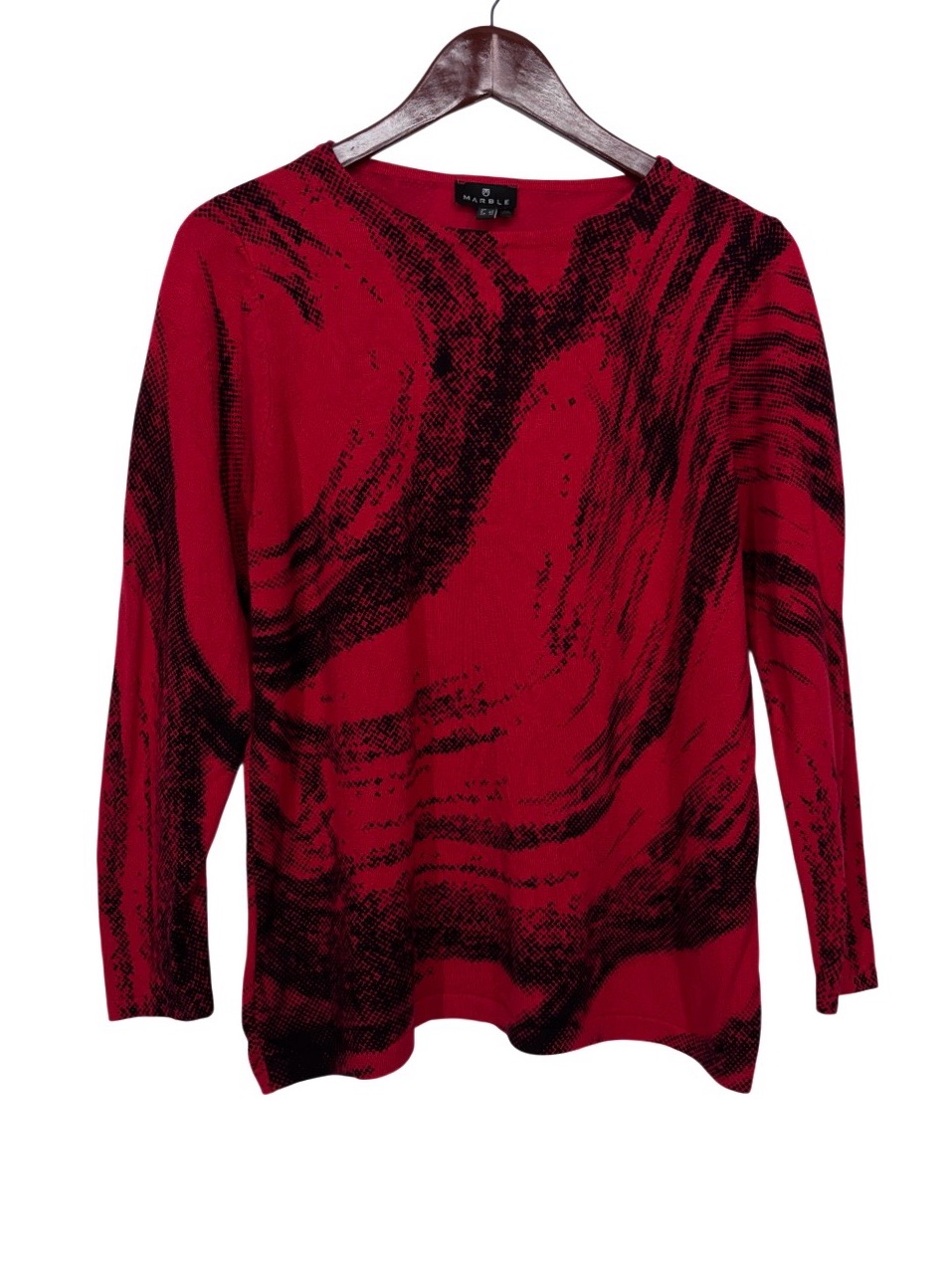 Marble Red & Black Swirl Print Soft & Stretchy Crewneck Sweater Size Medium
